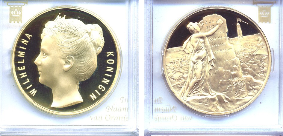 НИДЕРЛАНДЫ МЕДАЛЬ ND КОРОЛЕВА ВИЛЬГЕЛЬМИНА, ПРИСОЕДИНЕНИЕ УТРЕХТА В 1900 ГОДУ бронза, позолота PROOF 5-3-1-70