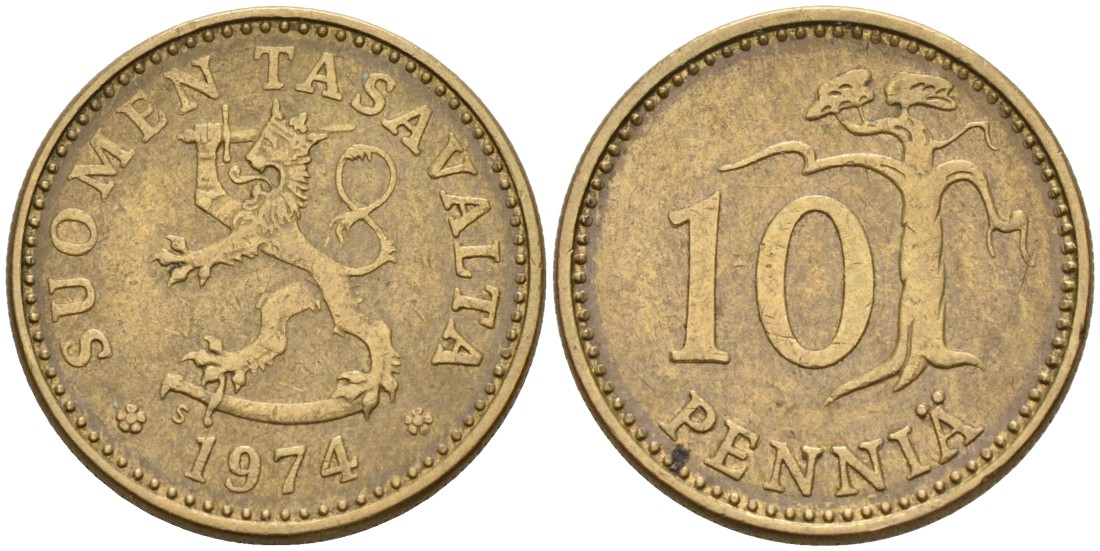 ФИНЛЯНДИЯ 10 ПЕННИ 1974 S KM 46 алюминиевая бронза 192-1038