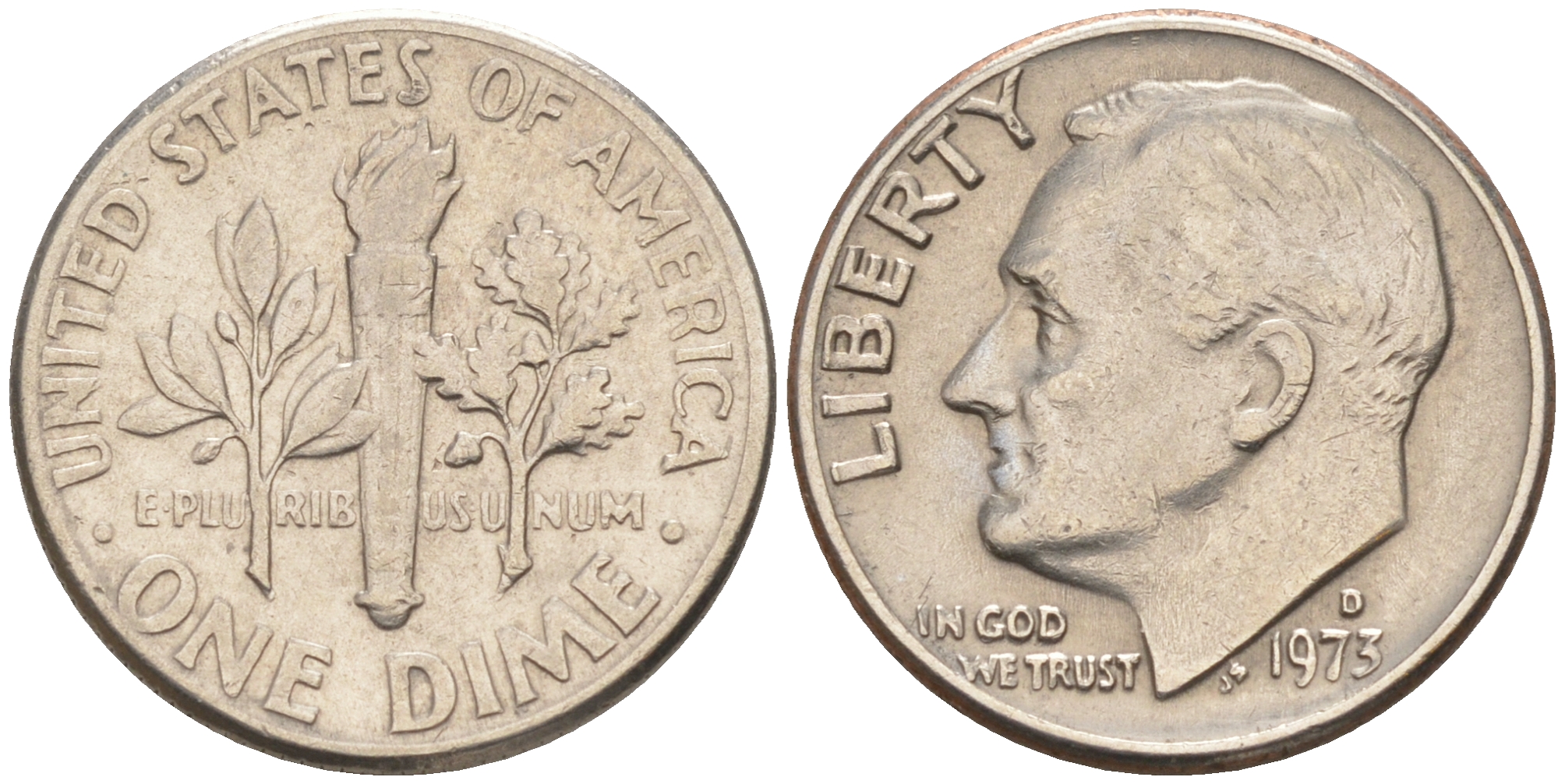 США 10 ЦЕНТОВ = 1 ДАЙМ 1973 D, РУЗВЕЛЬТ KM 195a медь плакированная медно-никелем 188-425