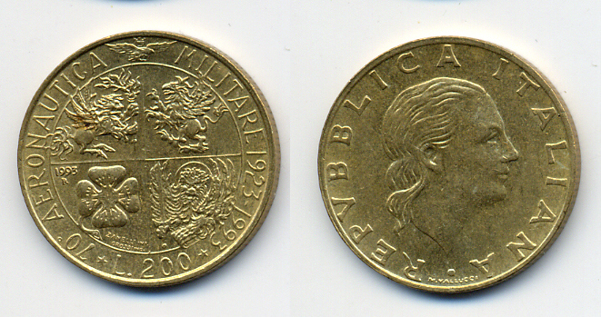 ИТАЛИЯ 200 ЛИР 1993 R, 70 ЛЕТ ВОЕННОЙ АВИАЦИИ KM 155 алюминиевая бронза 4380-1023