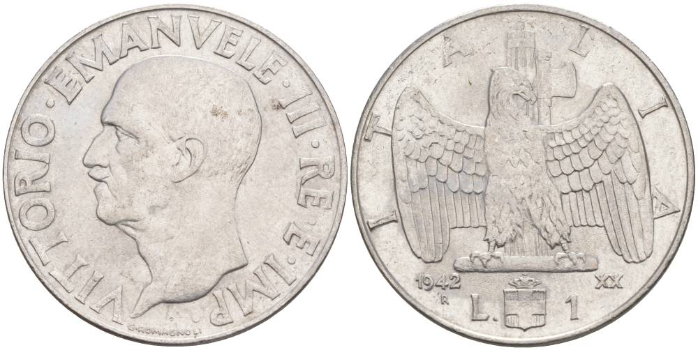 ИТАЛИЯ 1 ЛИРА 1942 R, ГОД XX, ВИКТОР ЭММАНУИЛ III (1900-1946) KM 77b, VEM3. 1102 нержавеющая сталь 3855-442