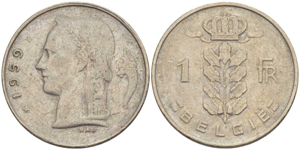 БЕЛЬГИЯ 1 ФРАНК 1959 BELGIE, БОДУЭН I (1951-1993) KM 143.1 медно-никель 202-1011