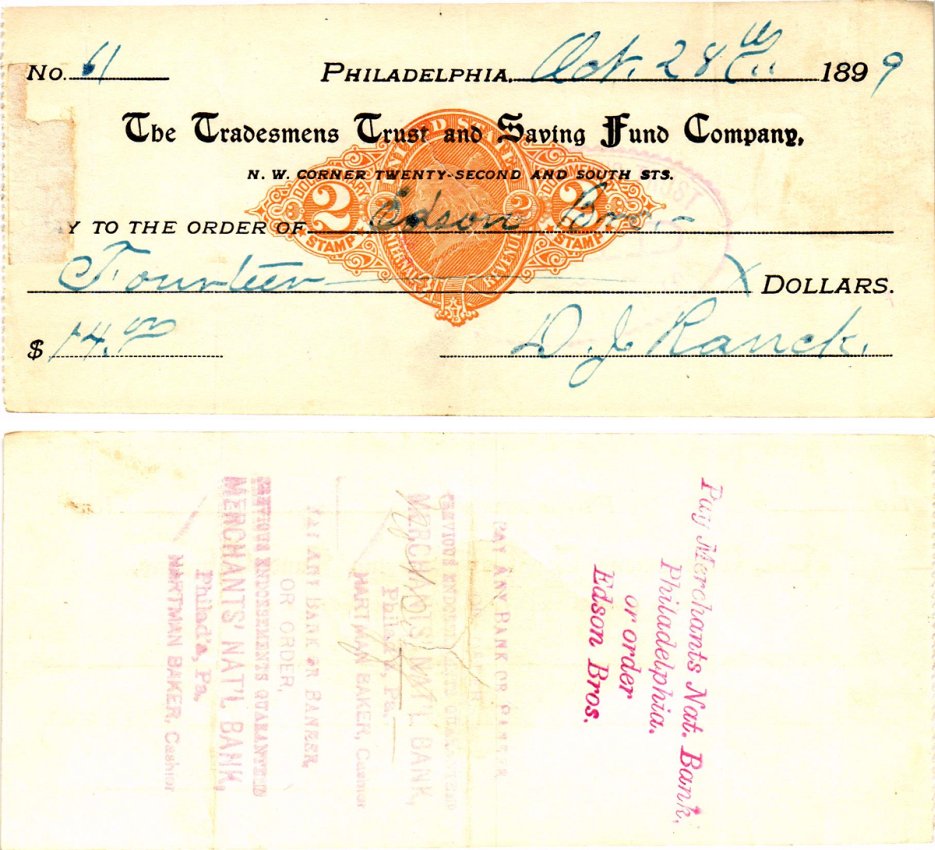 США чек на 14 долларов 1899 Филадельфия бумага 2196-49-2-2