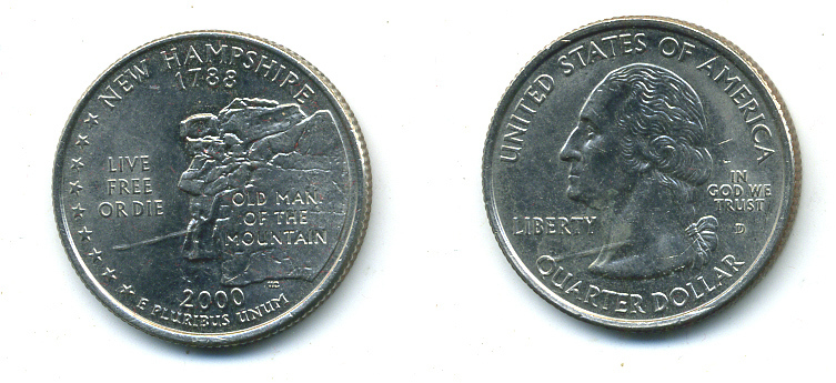 США 25 центов = квотер 2000 D, серия штаты США, Нью-Гэмпшир KM 308 медь плакированная медно-никелем 4388-755