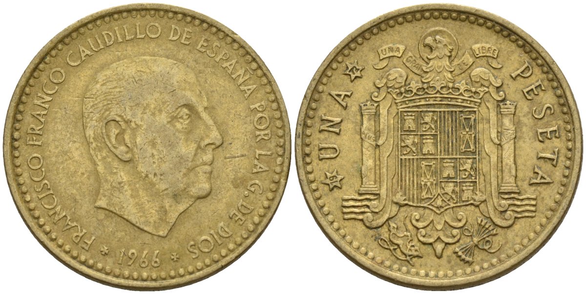 Испания 1 песета 1966 (72) Франсиско Франко (1939 - 1975) KM 796 алюминиевая бронза 4155-357