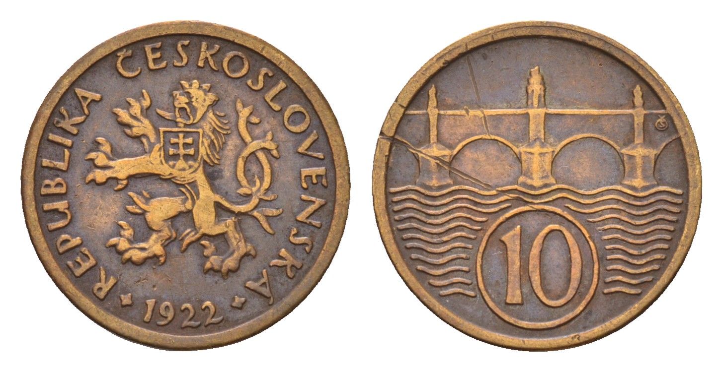 Чехословакия 10 геллеров 1922 KM 3 медь цинк 4643-1034