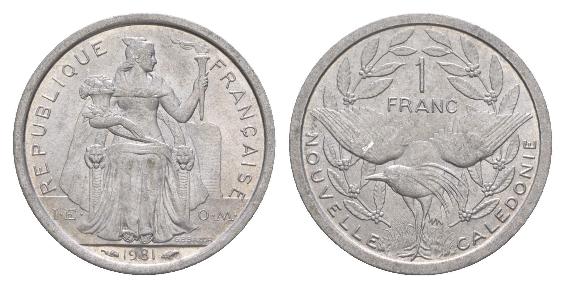Новая Каледония 1 франк 1981 птица кагу, (IEOM) KM?10, Schoen?10, Lec?44 алюминий aUNC 4631-1122