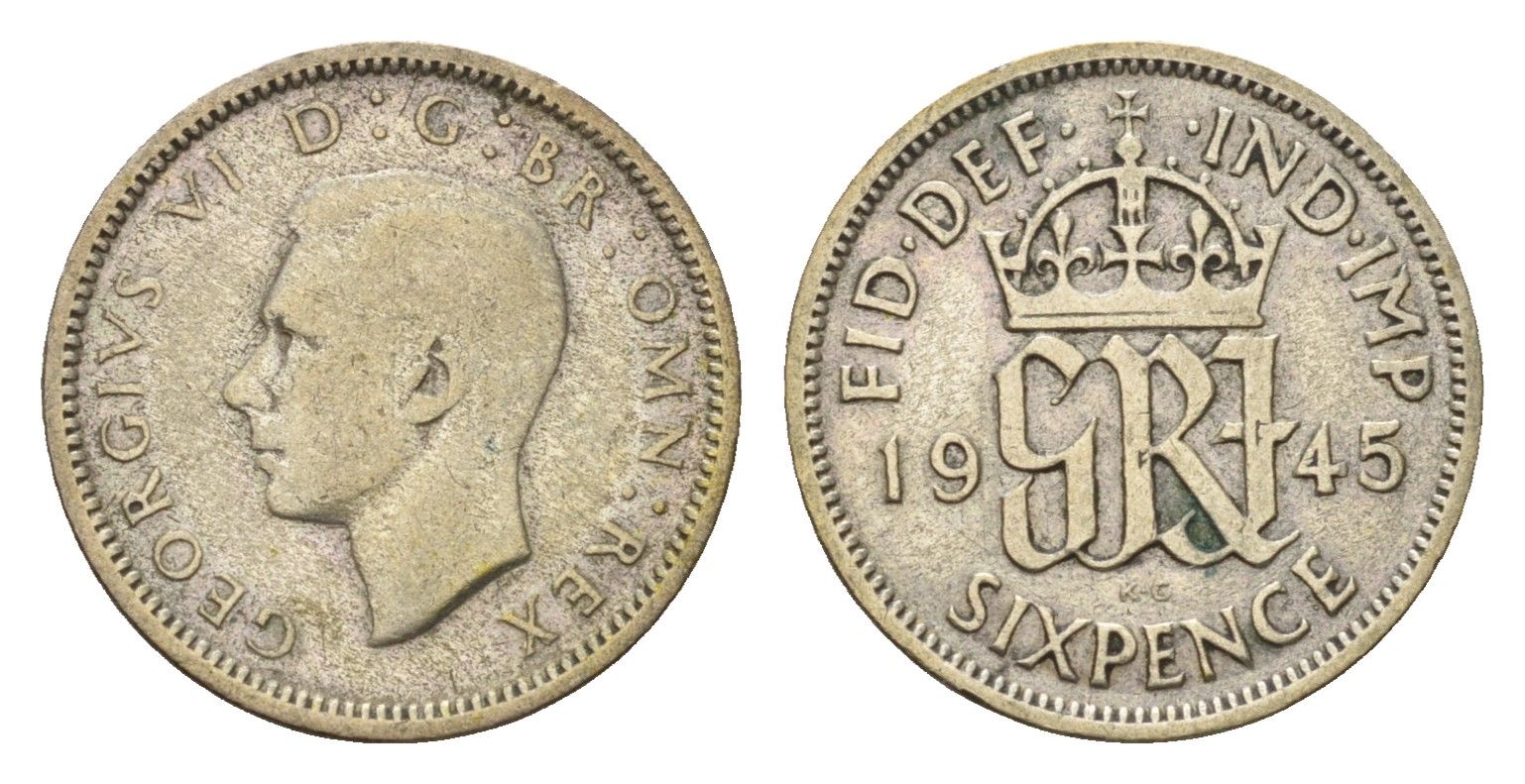 Великобритания 6 пенсов 1945 Георг VI (1936-1952) KM 852, Spink 4084 серебро 99-939