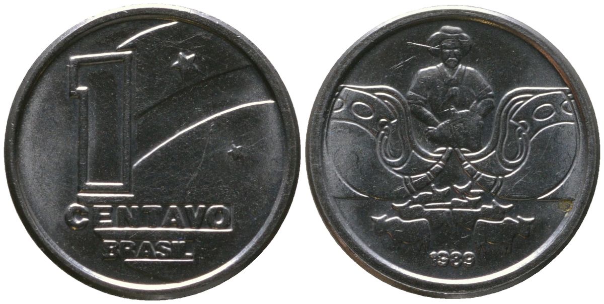 Бразилия 1 сентаво 1989 KM 611, Schon 120 нержавеющая сталь 4567-1038