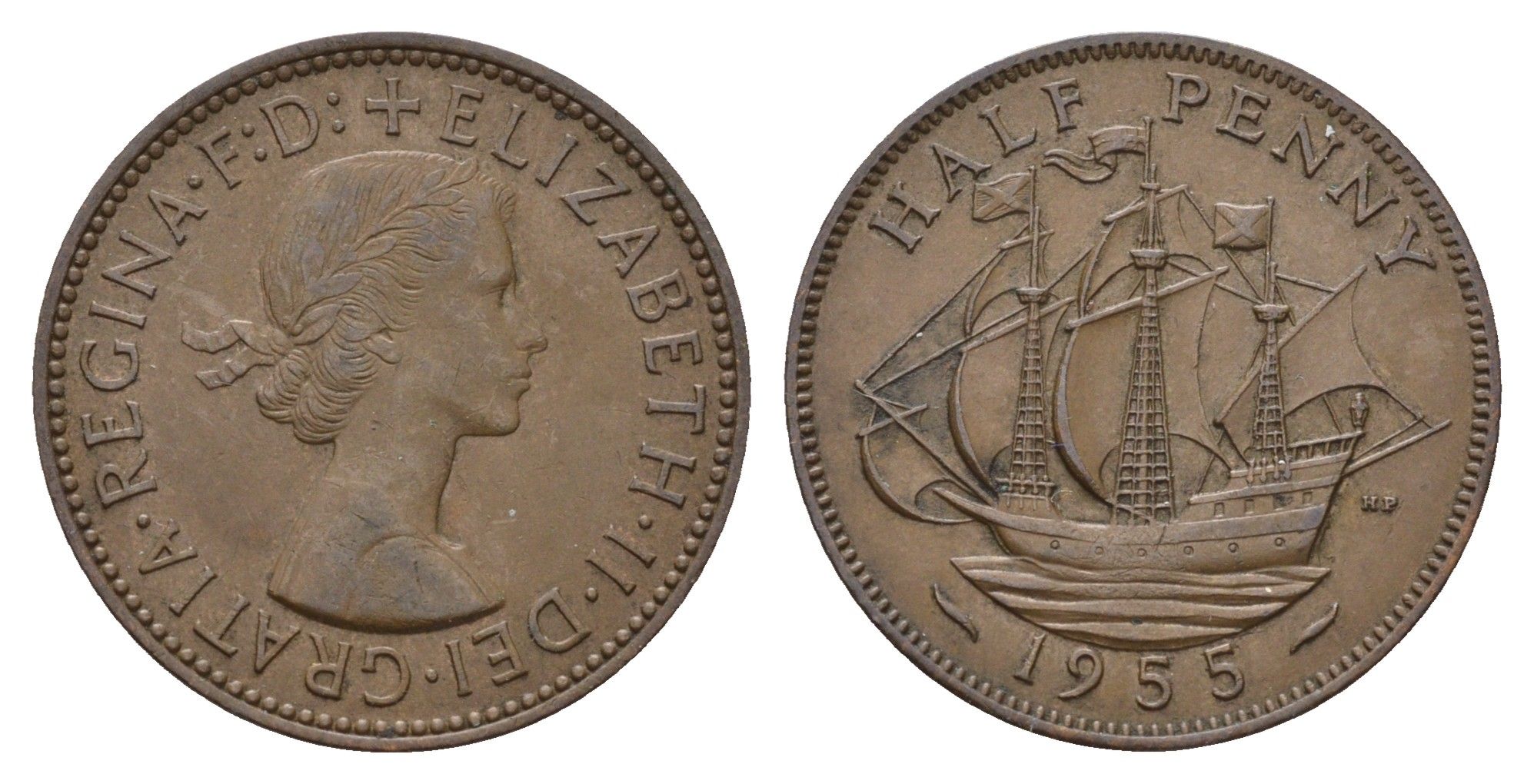 Великобритания 1/2 пенни 1955 Елизавета II (1952-2022) KM 896, Spink 4158 бронза 94-235