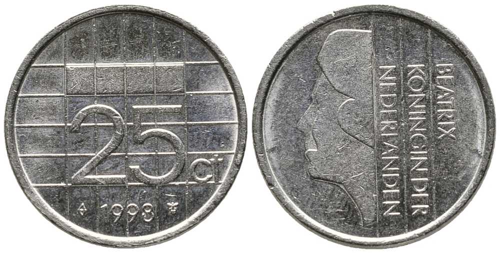 Нидерланды 25 центов 1998 Беатрикс (1980-2013) KM 204 никель 39-1259