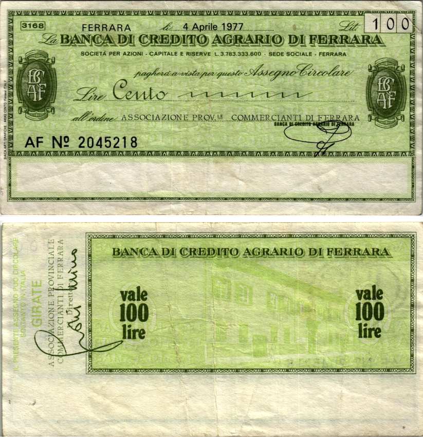 Италия 100 лир 1977 4 апреля 1977 Banca Di credito agrario Di ferrara бумага 7222-77-3-1