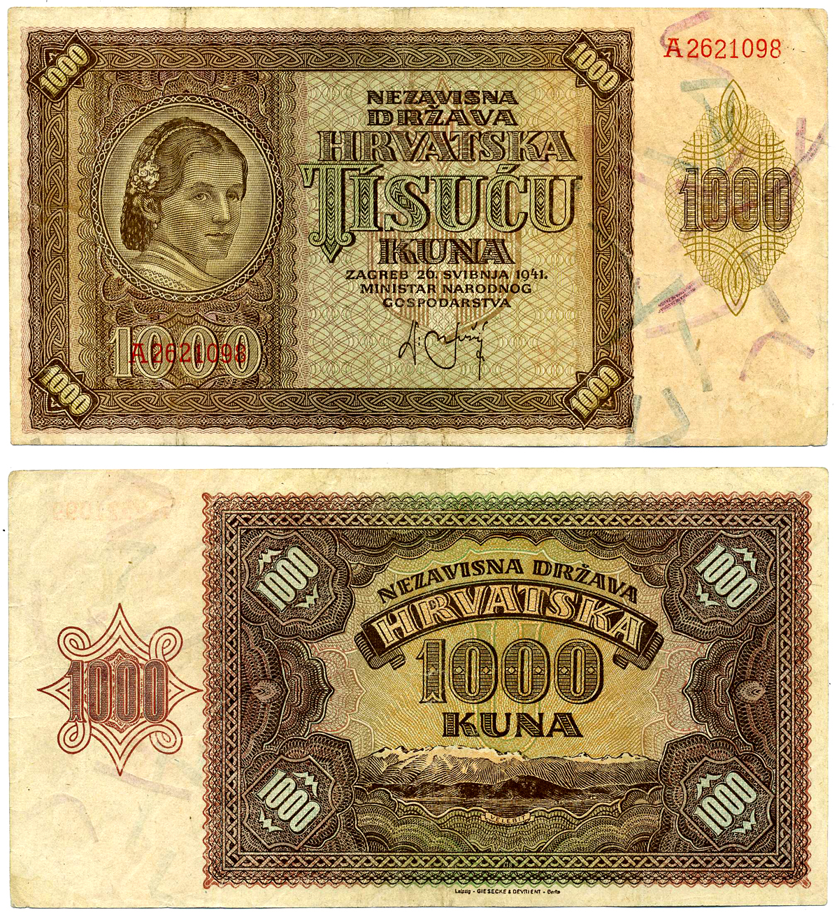 Хорватия 1000 кун 1941 женщина, горы Велебит Pick 4 бумага   435-53-1-1