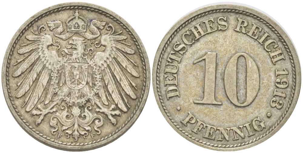 ГЕРМАНИЯ 10 ПФЕННИГОВ 1913 F KM 12, J. 13, Weege 8 медно-никель 212-236
