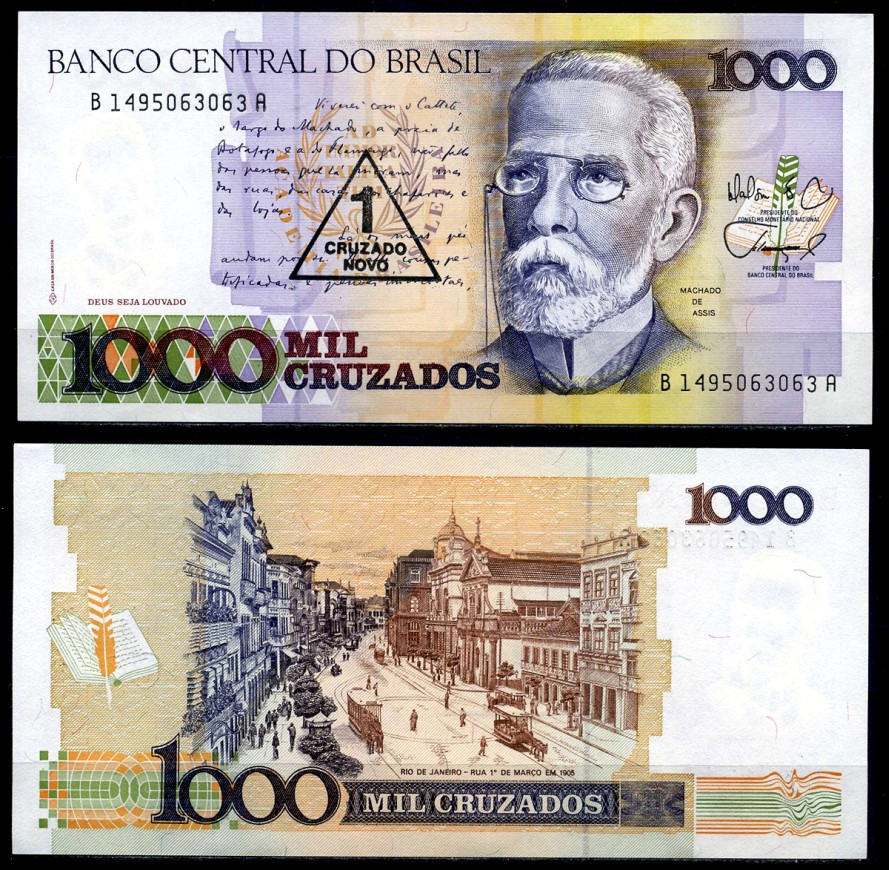 Бразилия 1 новый крузадо 1989 надпечатка на 1000 крузадо, серия В1495 Pick 216b бумага аUNC 8621-13-3-2
