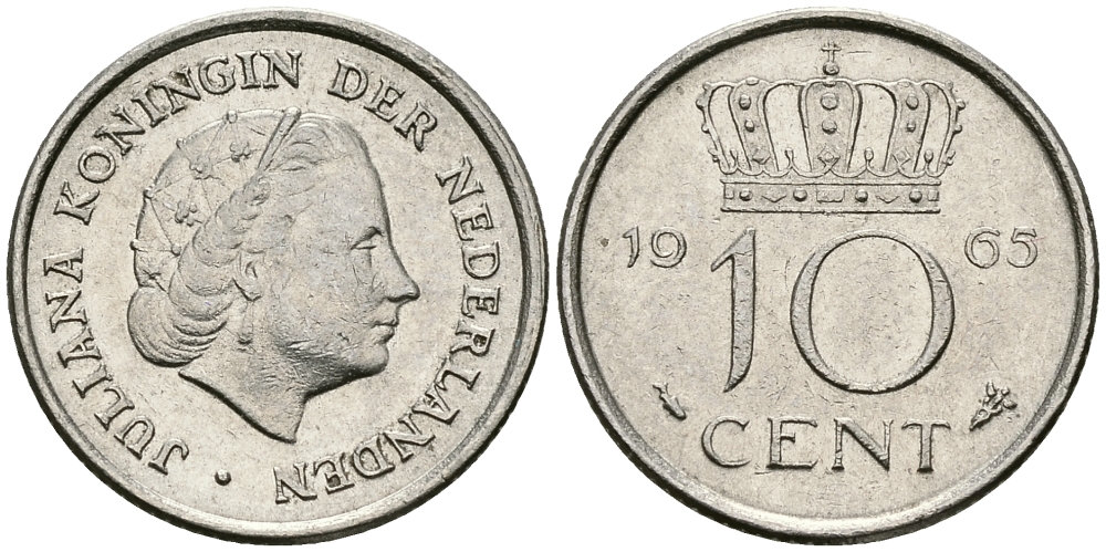 Нидерланды 10 центов 1965 Юлиана (1949-1980) KM 182 никель 96-352