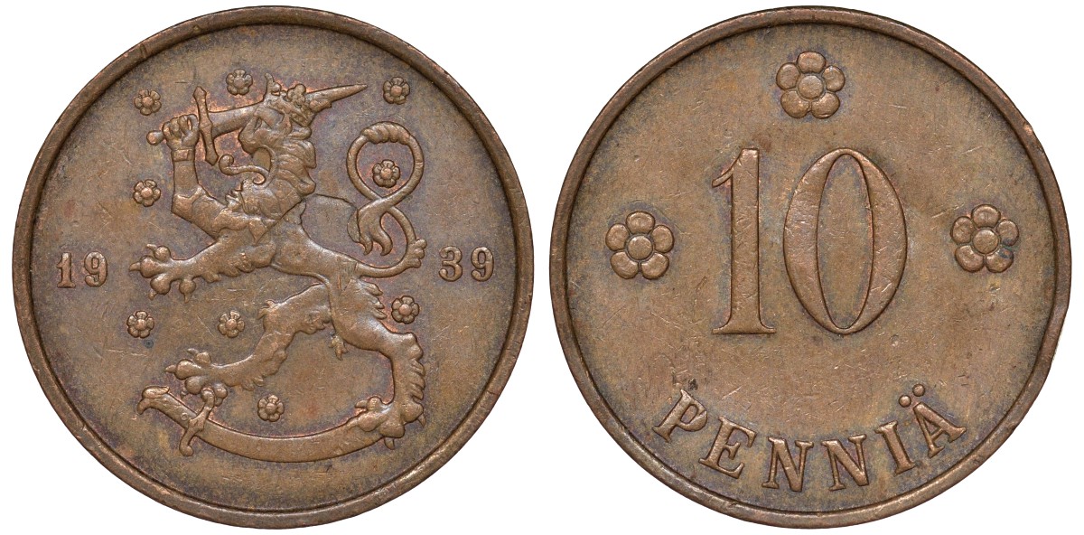 Финляндия 10 пенни 1939 KM 24 медь 51-3131