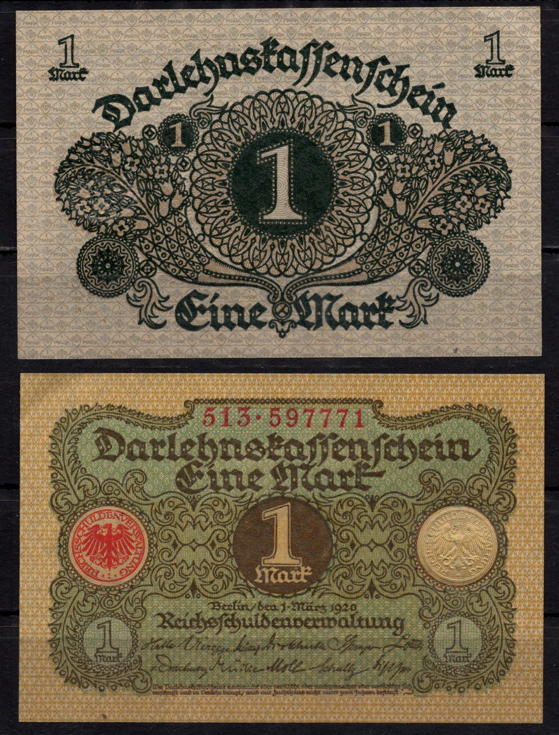 Германия 1 марка 1920 Pick 58 бумага aUNC 7198-22-2-1