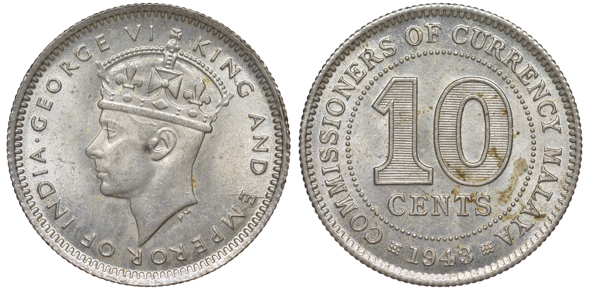 Британская Малайя 10 центов 1943 Георг VI (1937-1952) KM 4a серебро 53-246