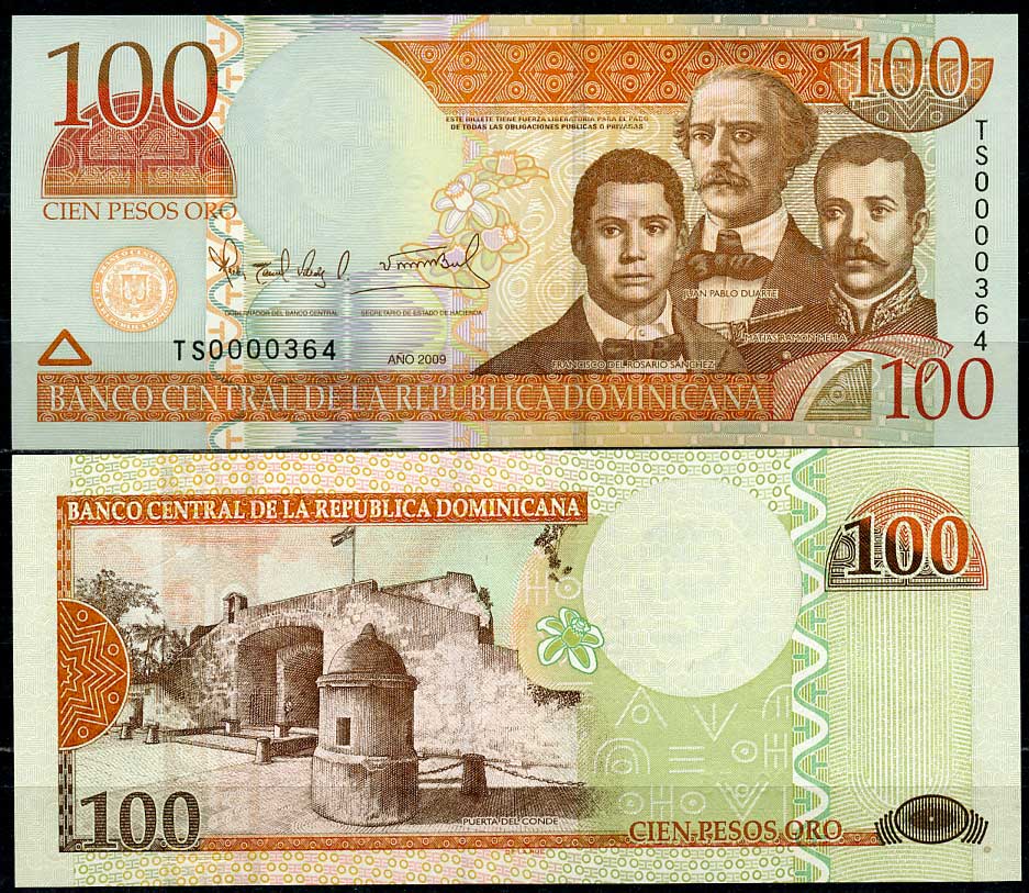 Доминиканская Республика 100 песо 2009 Пуэрта-дель-Конде в Санто-Доминго, Пабло Дуарте, Франциско Санчес, Матас Рамон. Отцы основатели Pick 177 b  бумага  UNC (пресс) 447-70-2-3