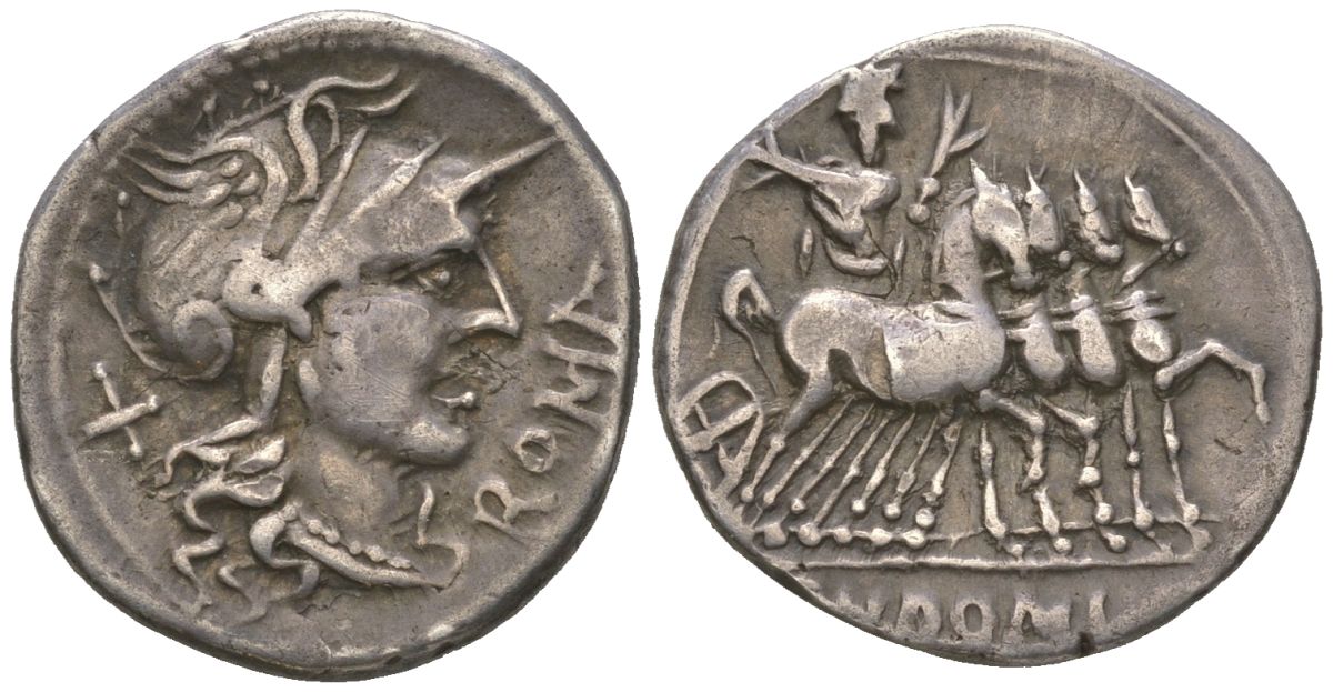 Римская Республика денарий 116-115 гг до н.э. монетарий Гн. Домиций Агенобарб, ROMA, голова Ромы в шлеме/CN DOMI, Юпитер в квадриге, Рим, 3,80 гр Crawford 285/1 серебро 00-815-80