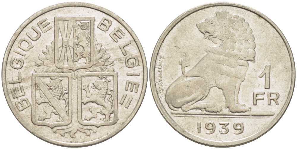 Бельгия 1 франк 1939 Леопольд III (1934-1950), Belgique-Belgie, лев KM 119 никель 202-1134