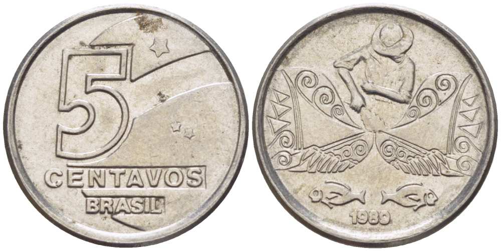 БРАЗИЛИЯ 5 СЕНТАВО 1989 РЕФОРМА 1989-1990 KM 612 нержавеющая сталь 105-719