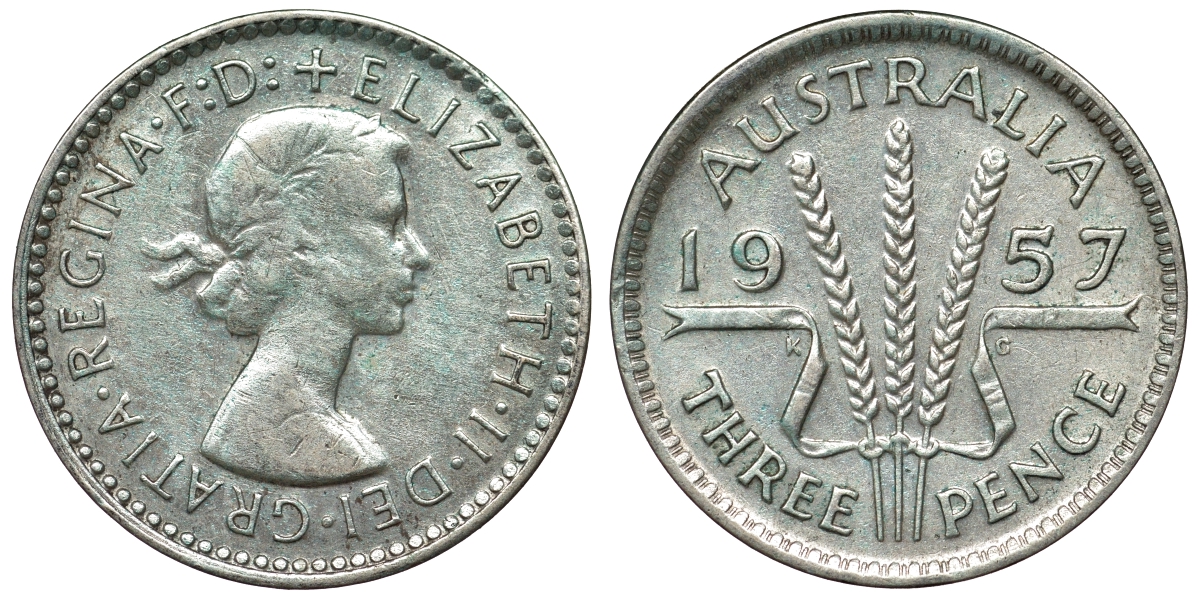 Австралия 3 пенса 1957 m, Елизавета II (1952-2022) KM 57 серебро 71-545
