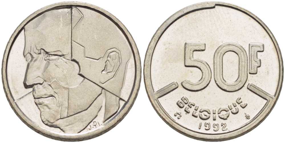 БЕЛЬГИЯ 50 ФРАНКОВ 1992 BELGIQUE, БОДУЭН I (1951-1993) KM 168 никель 210-947