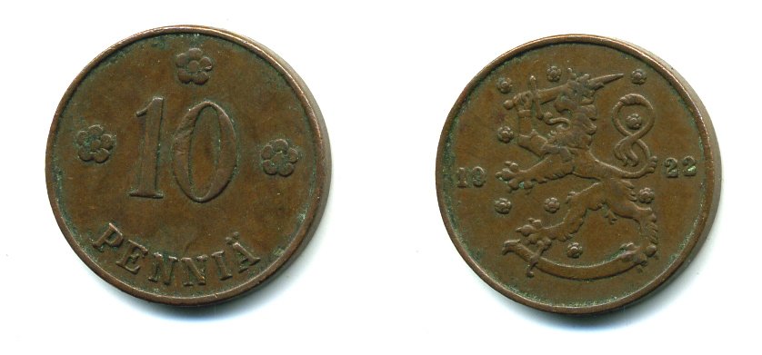 Финляндия 10 пенни 1922 республика (1918-1962) KM 24 медь 46-669