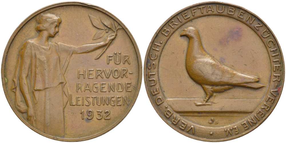 ГЕРМАНИЯ МЕДАЛЬ 1932 ЗА ВЫДАЮЩИЕСЯ ДОСТИЖЕНИЯ, НАГРАЖДАЕТСЯ АССОЦИАЦИЯ НЕМЕЦКИХ СЕЛЕКЦИОНЕРОВ ПОЧТОВЫХ ГОЛУБЕЙ, КЛУБЫ E.V., ВЕЙМАРСКАЯ РЕСПУБЛИКА, ДИАМЕТР 38 ММ., ВЕС 21,05 ГР. бронза 1084-2-14