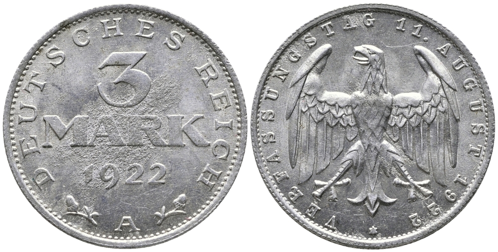 Германия 3 марки 1922 A, третья годовщина Веймарской Конституции KM 29, J. 303 алюминий 38-242
