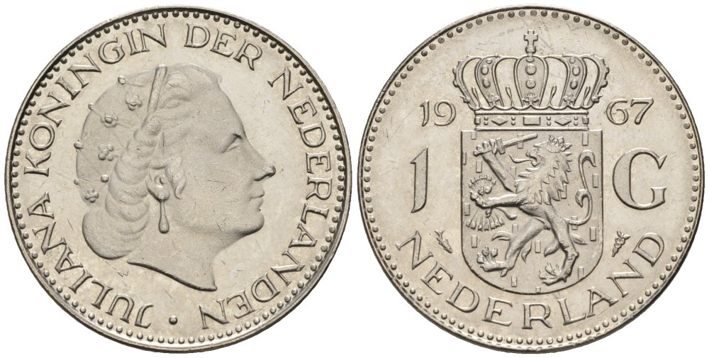 Нидерланды 1 гульден 1967 Юлиана (1948-1980) KM 184a никель UNC 4579-512