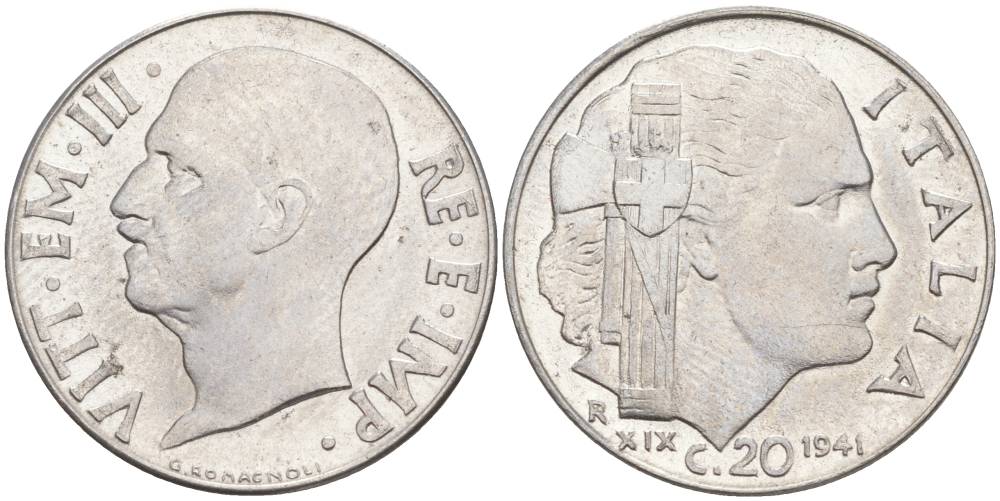 ИТАЛИЯ 20 ЧЕНТЕЗИМО 1941 R, ГОД XIX, ВИКТОР ЭММАНУИЛ III (1900-1946) KM 75b, VEM3. 1028 нержавеющая сталь 3853-851