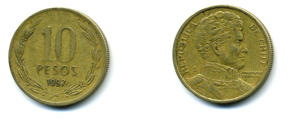 ЧИЛИ 10 ПЕСО 1997 БЕРНАРДО ХИГГИНС KM 228.2 никель латунь 37-152