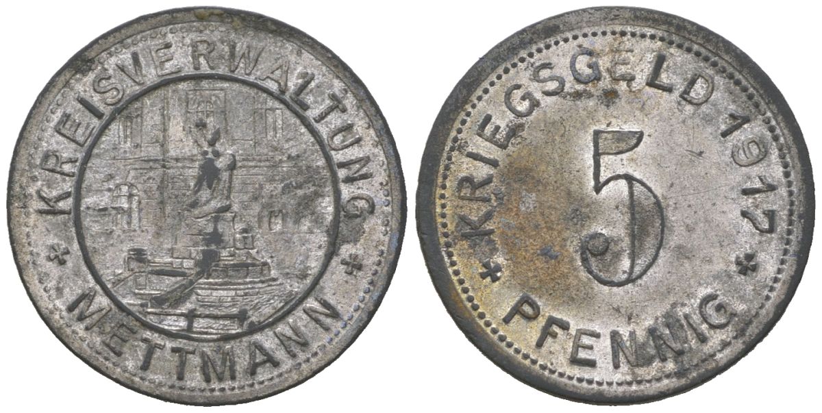 Меттманн (Пруссия, Рейн) 5 пфенингов 1917 Funck 333.1b, Men18 20931.2 цинк 99-153