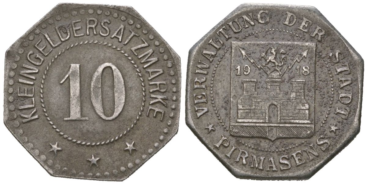 Пирмазенс (Бавария) 10 пфеннингов 1918 Funck 426.7A, Men05 20534.11, Men18 25724.11 железо 4169-1265