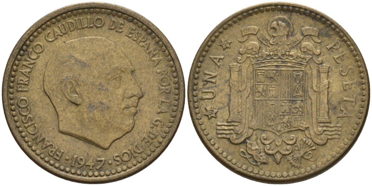 Испания 1 песета 1947 (52) Франсиско Франко (1939 - 1975) KM 775 алюминиевая бронза 4155-322