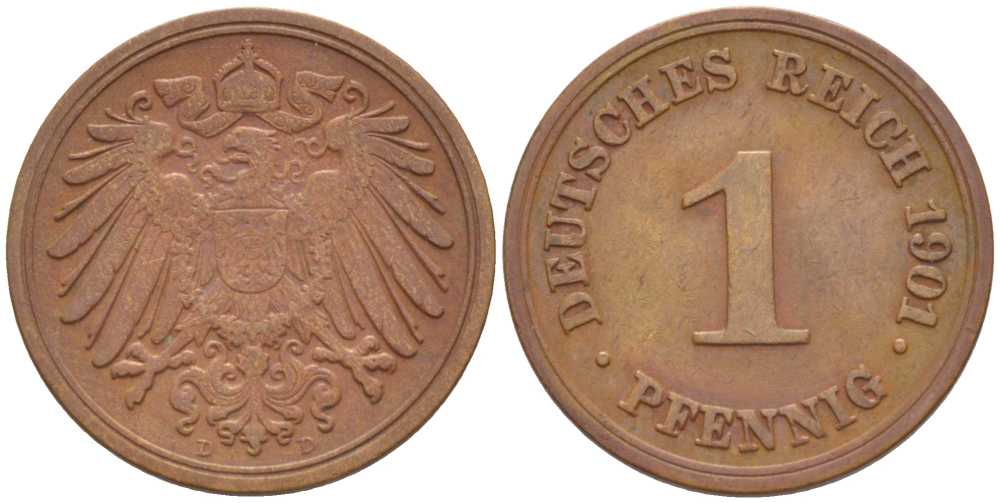 ГЕРМАНИЯ 1 ПФЕННИГ 1901 D KM 10, J. 10, Weege 2 медь 211-261