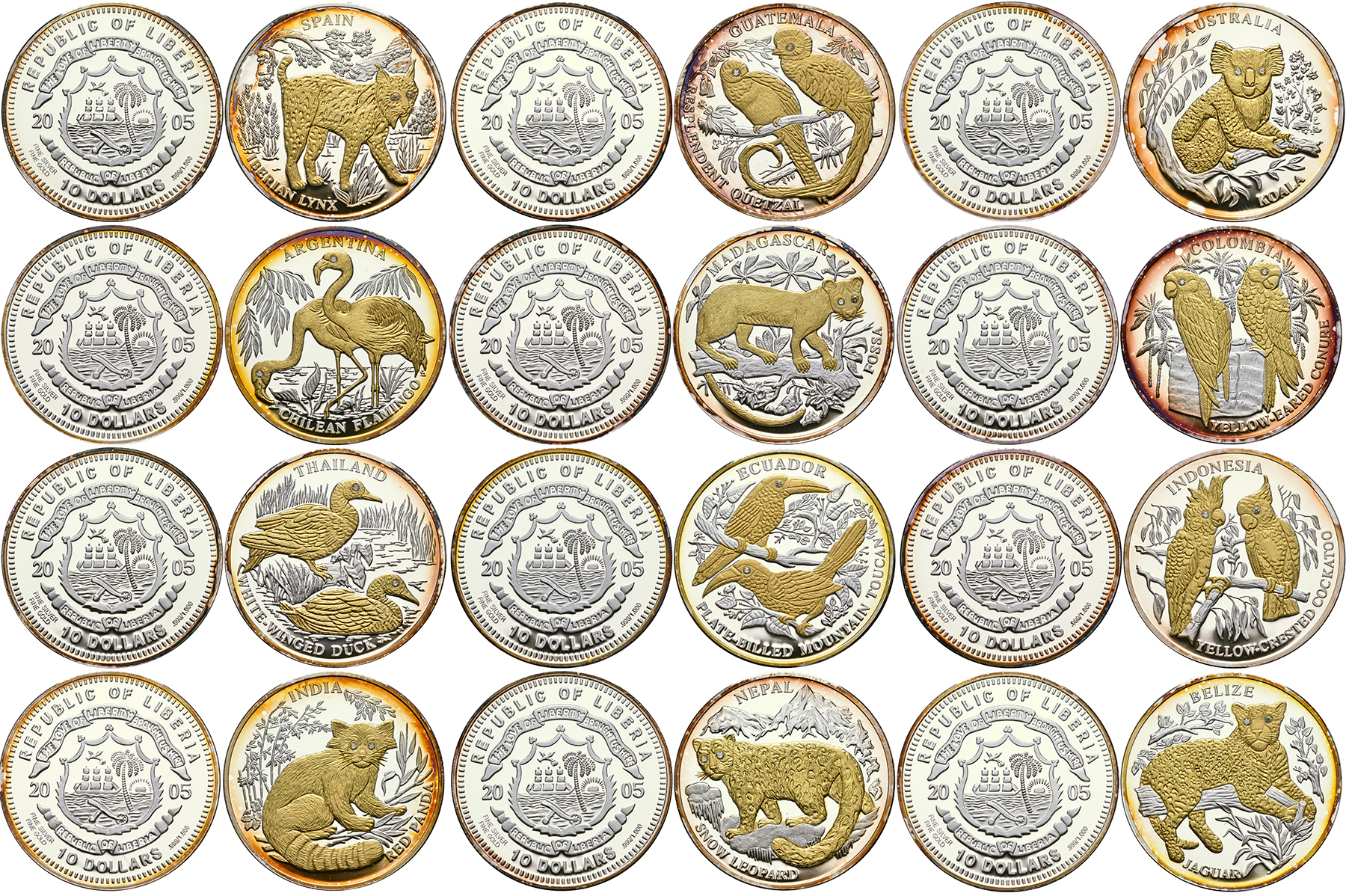 Либерия набор из 12 монет по 10 долларов 2005 редкая фауна мира, позолота, брильянты серебро PROOF 00-00-00