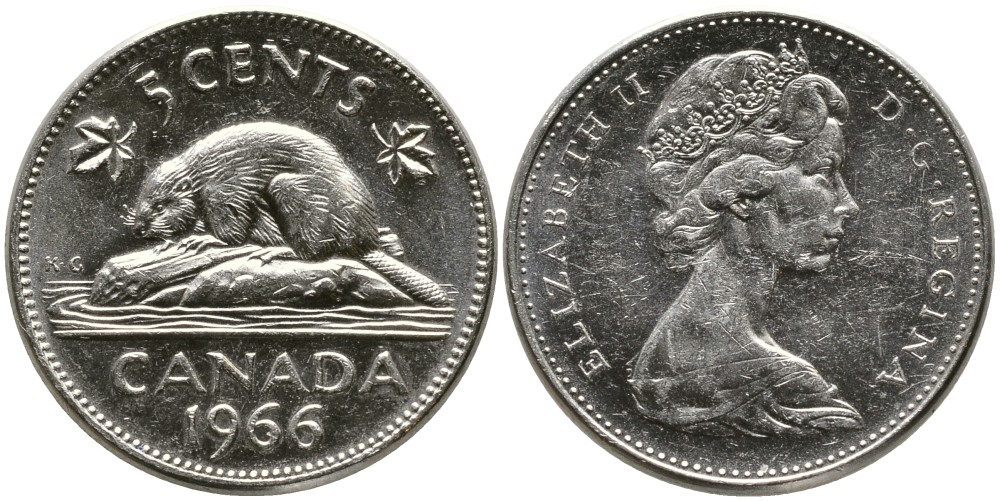 Канада 5 центов 1966 Елизавета II (1952-2022), бобер KM 60.1 никель 4543-641