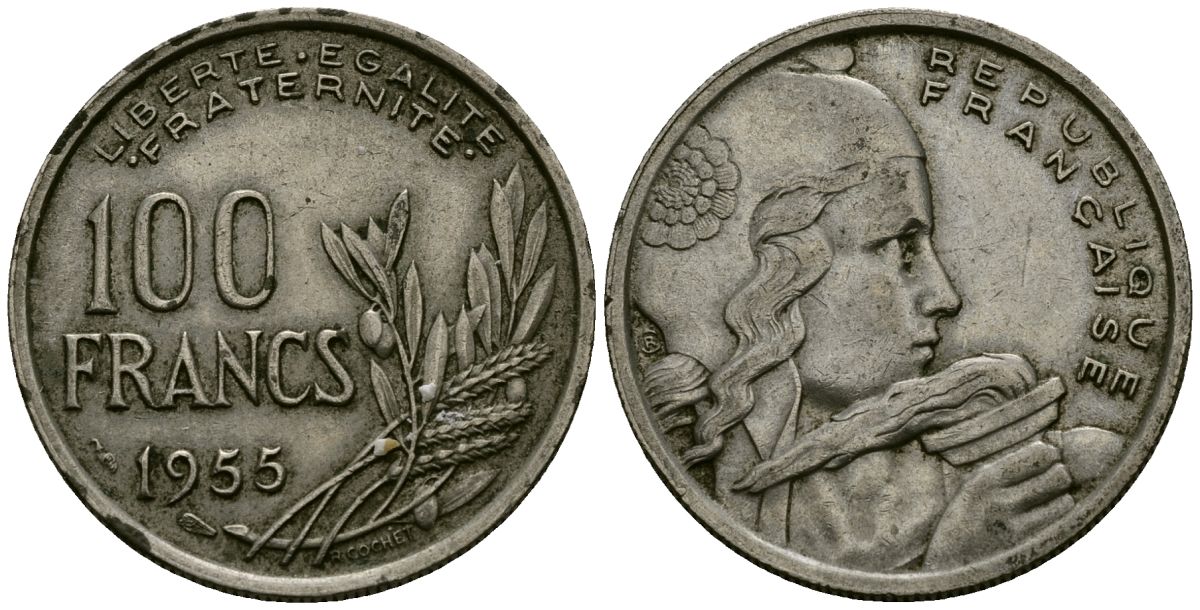 Франция 100 франков 1955 KM 919.1 медно-никель 4575-1027