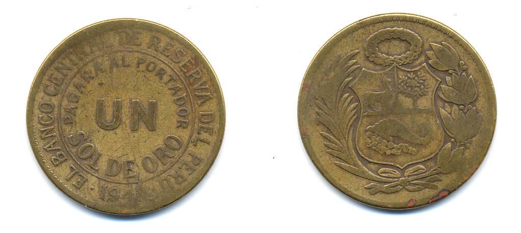 Перу 1 соль 1943 KM 222 латунь 83-1241