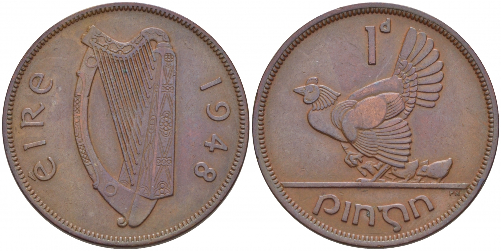 ИРЛАНДИЯ 1 ПЕННИ 1948 КУРИЦА С ЦЫПЛЯТАМИ KM 11 бронза 3457-233