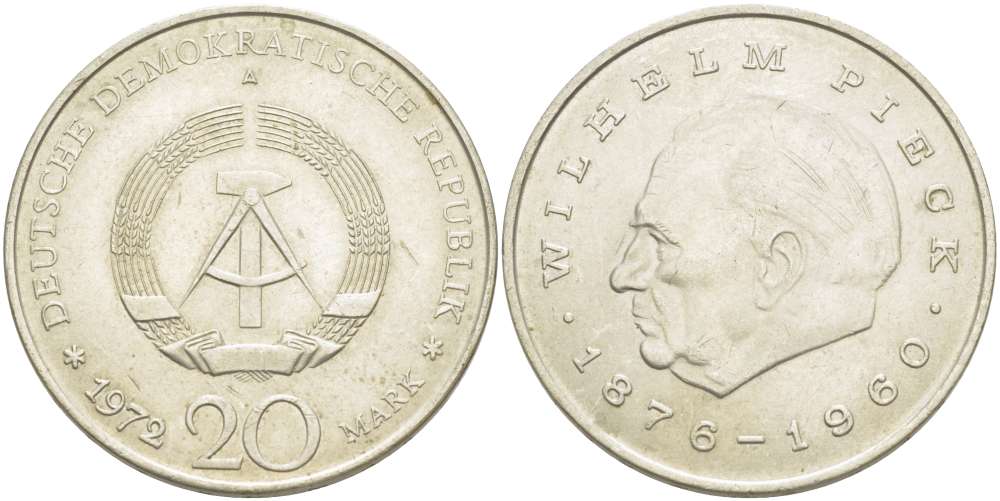 ГДР 20 марок 1972 А, Вильгельм Пик (1876-1960) KM 42 медно-никель 4521-446