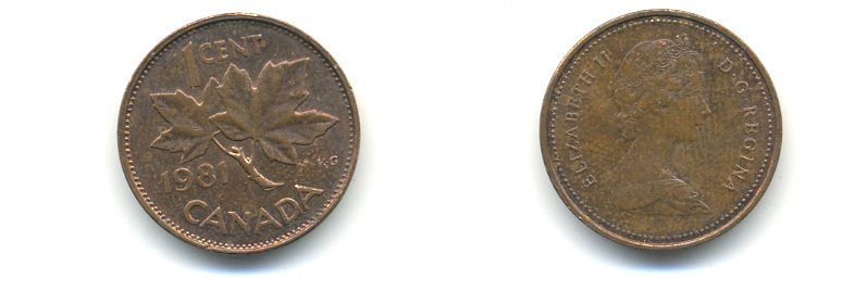 Канада 1 цент 1981 Елизавета II (1952-2022), кленовый лист KM 127 бронза 86-1056