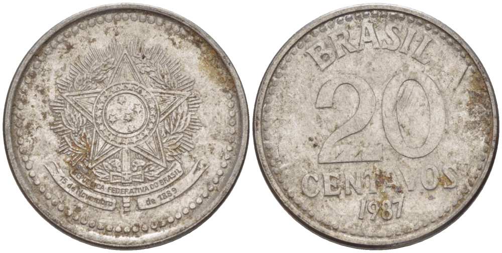 Бразилия 20 сентаво 1987 герб KM 603, Schon 112 нержавеющая сталь 29-1129