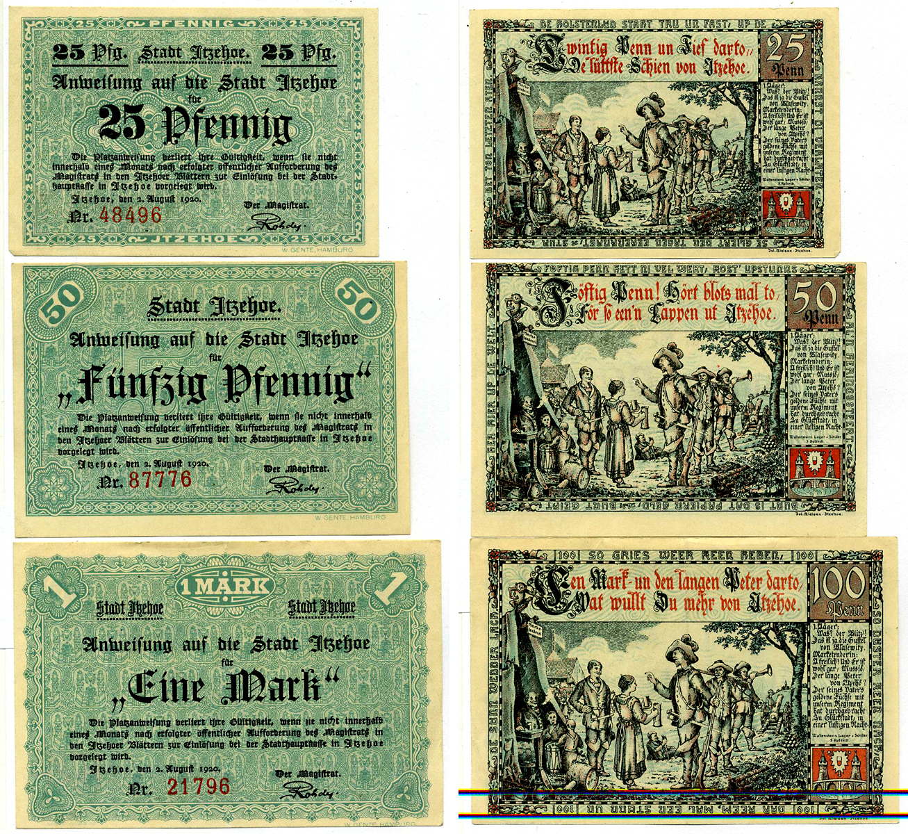 ИТЦЕХО ЛОТ ИЗ 3 БАНКНОТ 1920 2 АВГУСТА 1920, НОТГЕЛЬД (25, 50 ПФЕННИГОВ 1 МАРКА), ГОЛУБОЙ ФОН, СЕРИЯ КРАСНАЯ, ЗЕМЛЯ ШЛЕЗВИГ-ГОЛЬШТЕЙН Grabowski 649.2а бумага 2193-5-2-1