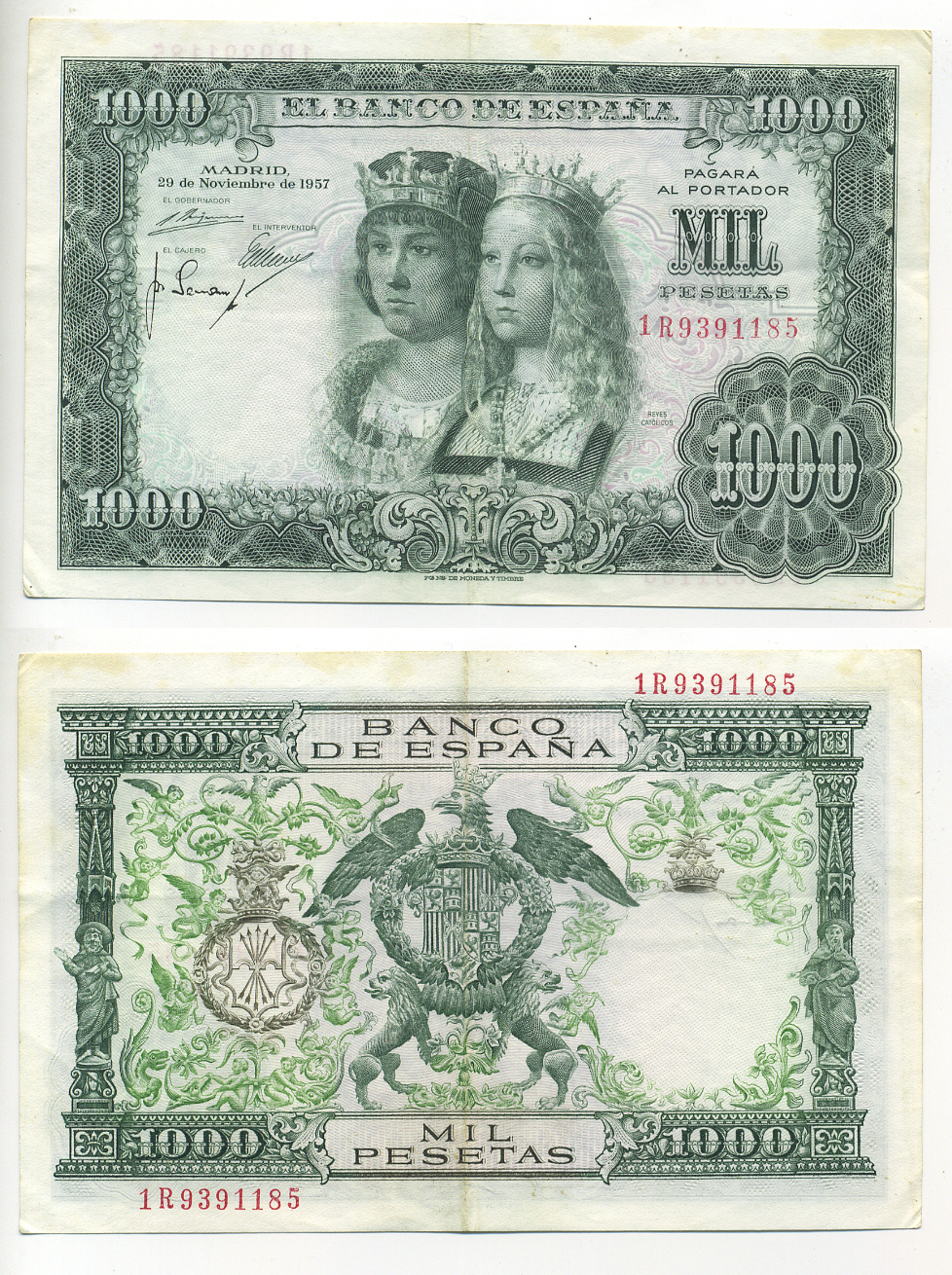 Испания 1000 песет 1957 Фернандо II Арагонский и Изабелла I Кастильская ("Рейес Католикос") Pick 149 a бумага 6278-16-3-1