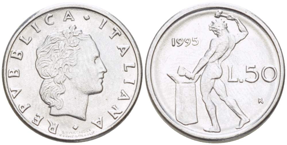 ИТАЛИЯ 50 ЛИР 1995 R, КУЗНЕЦ, ВУЛКАН БОГ ОГНЯ, ДИАМЕТР 16,5 ММ. KM 95.2 нержавеющая сталь 4528-117